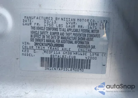 2013 Nissan Versa 1.6 Sv z USA, uszkodzony, nr VIN 3N1CN7AP5DL890090